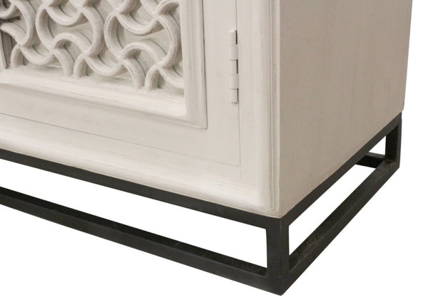 HomeRoots 76" Antiqued White Distressed Solid Wood Sideboard with Geometric Carvings & Mirrored Doors for Storage 625717