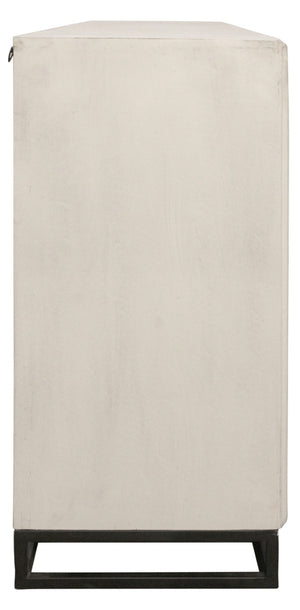HomeRoots 76" Antiqued White Distressed Solid Wood Sideboard with Geometric Carvings & Mirrored Doors for Storage 625717
