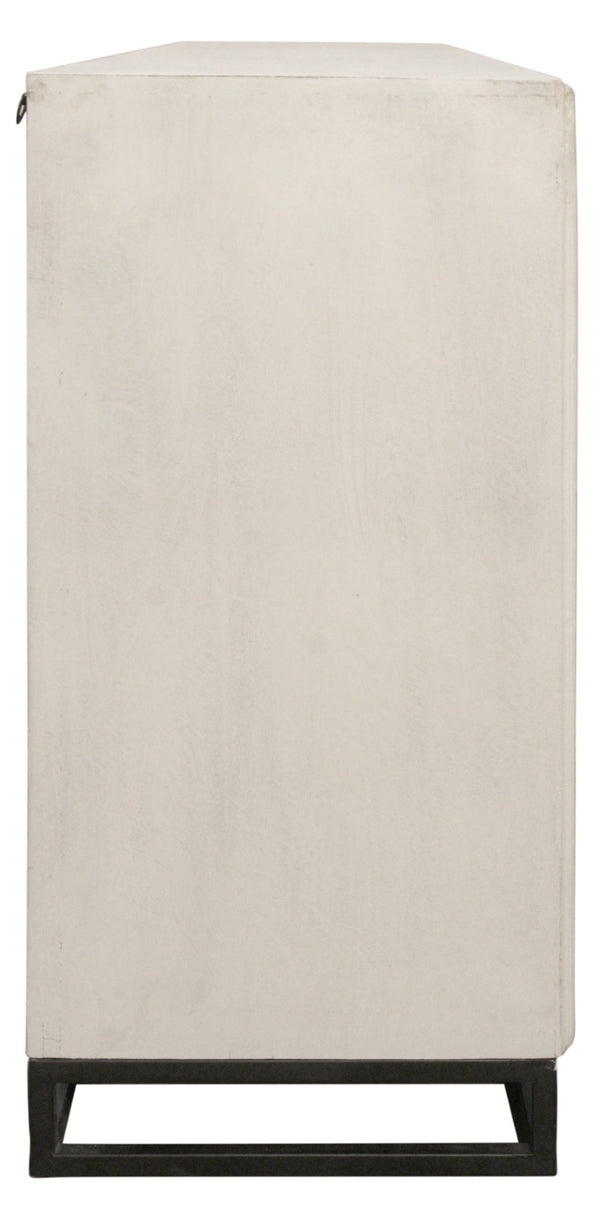 HomeRoots 76" Antiqued White Distressed Solid Wood Sideboard with Geometric Carvings & Mirrored Doors for Storage 625717