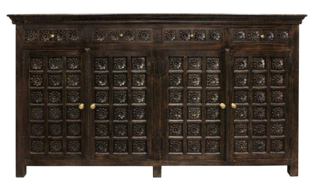 HomeRoots 72" Black Distressed Solid Wood Carved Floral Sideboard – Elegant Storage Solution for Any Room 625718