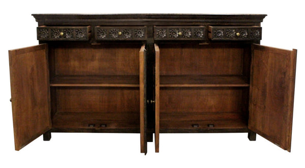 HomeRoots 72" Black Distressed Solid Wood Carved Floral Sideboard – Elegant Storage Solution for Any Room 625718