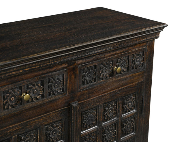 HomeRoots 72" Black Distressed Solid Wood Carved Floral Sideboard – Elegant Storage Solution for Any Room 625718