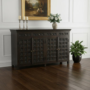 HomeRoots 72" Black Distressed Solid Wood Carved Floral Sideboard – Elegant Storage Solution for Any Room 625718