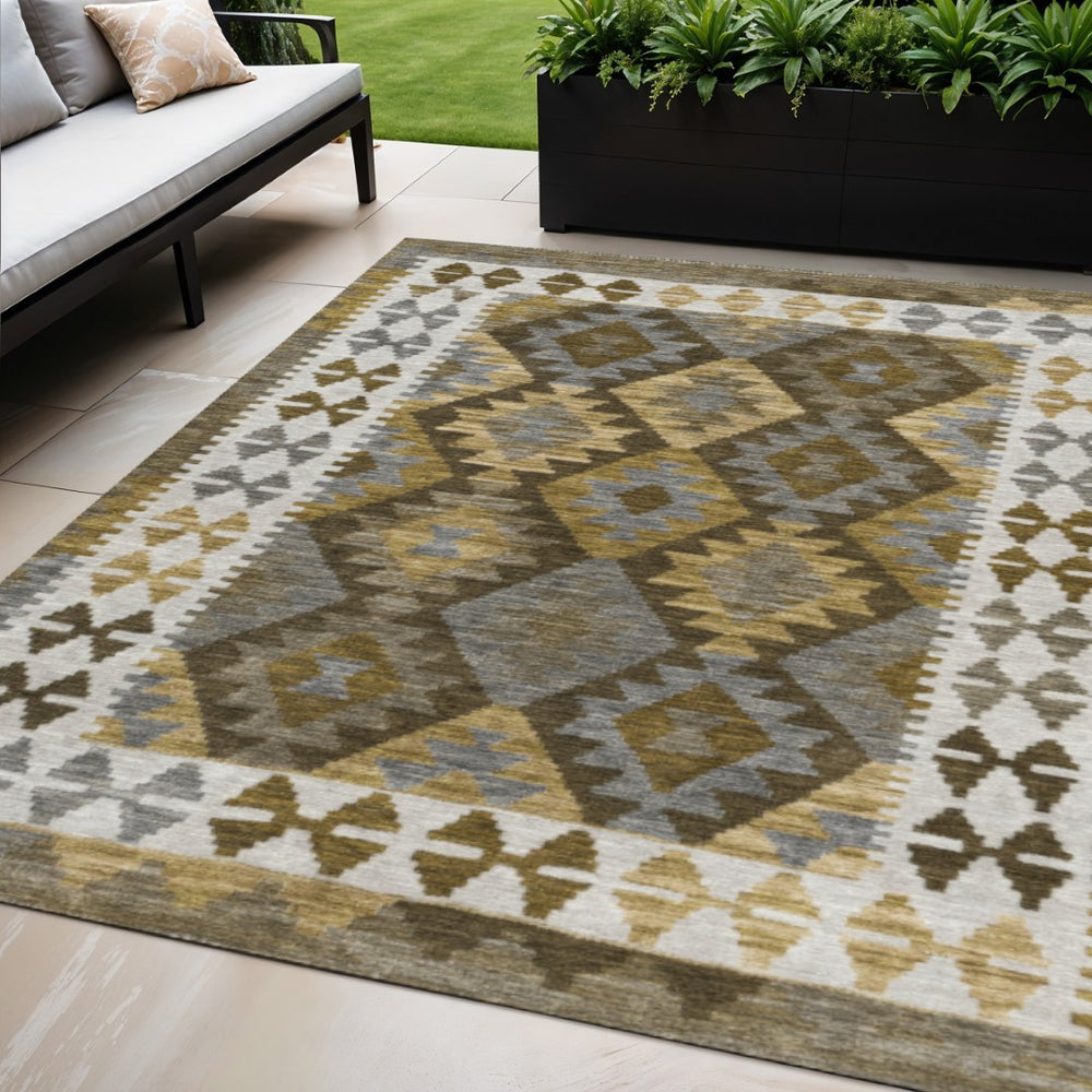 HomeRoots 5' X 8' Brown Ivory Gold Tribal Area Rug – Durable, Washable, Indoor/Outdoor Style for Any Space 625721