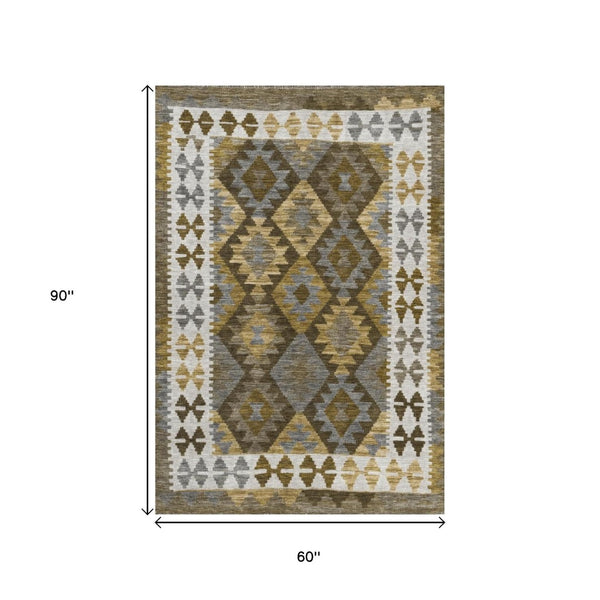 HomeRoots 5' X 8' Brown Ivory Gold Tribal Area Rug – Durable, Washable, Indoor/Outdoor Style for Any Space 625721
