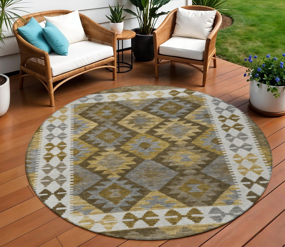 HomeRoots 8' Round Tribal Washable Area Rug – Elegant Brown, Ivory & Gold Design for Indoor & Outdoor Spaces 625722