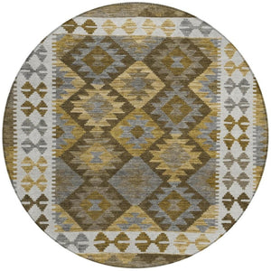 HomeRoots 8' Round Tribal Washable Area Rug – Elegant Brown, Ivory & Gold Design for Indoor & Outdoor Spaces 625722