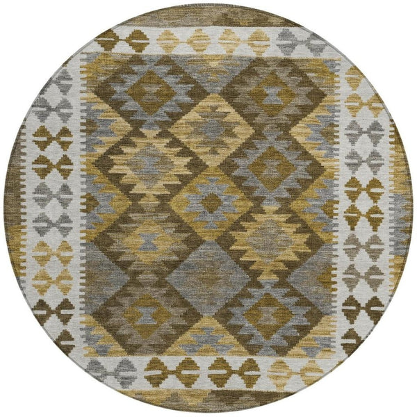 HomeRoots 8' Round Tribal Washable Area Rug – Elegant Brown, Ivory & Gold Design for Indoor & Outdoor Spaces 625722