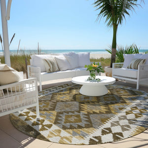 HomeRoots 8' Round Tribal Washable Area Rug – Elegant Brown, Ivory & Gold Design for Indoor & Outdoor Spaces 625722