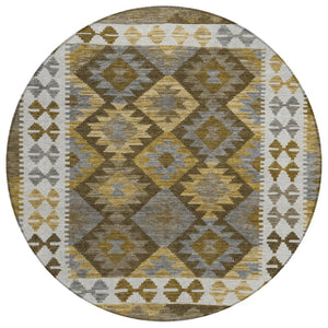HomeRoots 8' Round Tribal Washable Area Rug – Elegant Brown, Ivory & Gold Design for Indoor & Outdoor Spaces 625722