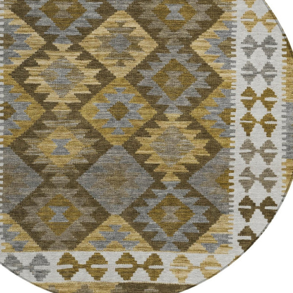 HomeRoots 8' Round Tribal Washable Area Rug – Elegant Brown, Ivory & Gold Design for Indoor & Outdoor Spaces 625722