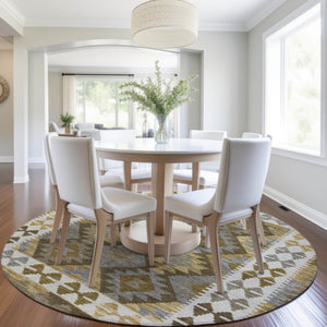 HomeRoots 8' Round Tribal Washable Area Rug – Elegant Brown, Ivory & Gold Design for Indoor & Outdoor Spaces 625722