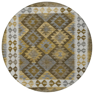 HomeRoots 8' Round Tribal Washable Area Rug – Elegant Brown, Ivory & Gold Design for Indoor & Outdoor Spaces 625722