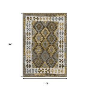 HomeRoots 9' X 12' Tribal Washable Area Rug in Brown, Ivory & Gold - Stylish, Durable, Indoor/Outdoor Design! 625724