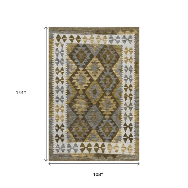 HomeRoots 9' X 12' Tribal Washable Area Rug in Brown, Ivory & Gold - Stylish, Durable, Indoor/Outdoor Design! 625724