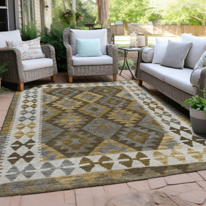 HomeRoots 9' X 12' Tribal Washable Area Rug in Brown, Ivory & Gold - Stylish, Durable, Indoor/Outdoor Design! 625724