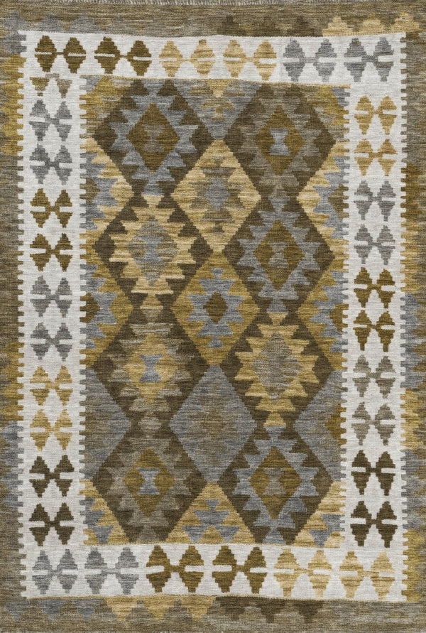 HomeRoots 9' X 12' Tribal Washable Area Rug in Brown, Ivory & Gold - Stylish, Durable, Indoor/Outdoor Design! 625724