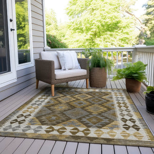 HomeRoots 9' X 12' Tribal Washable Area Rug in Brown, Ivory & Gold - Stylish, Durable, Indoor/Outdoor Design! 625724