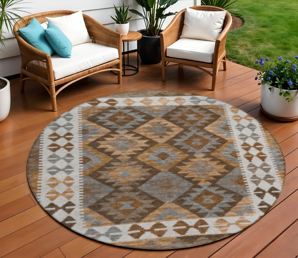 HomeRoots 8' Round Tribal Area Rug in Copper, Ivory & Gray – Stylish, Washable, Durable for Indoor/Outdoor Use 625728