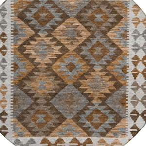 HomeRoots 8' Round Tribal Area Rug in Copper, Ivory & Gray – Stylish, Washable, Durable for Indoor/Outdoor Use 625728