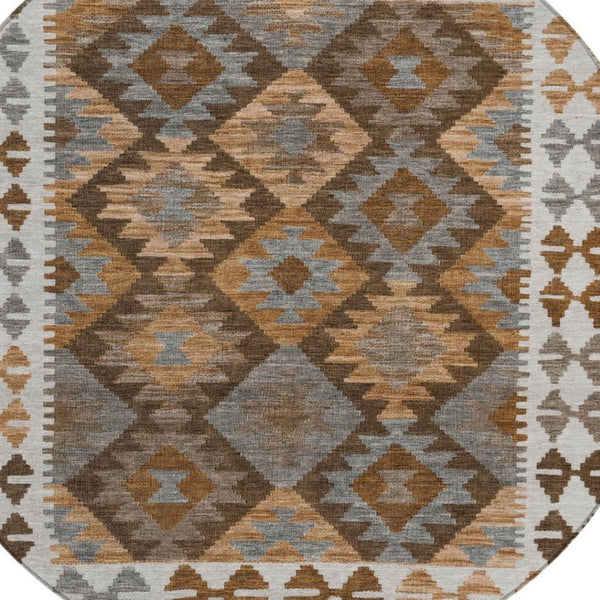 HomeRoots 8' Round Tribal Area Rug in Copper, Ivory & Gray – Stylish, Washable, Durable for Indoor/Outdoor Use 625728