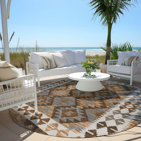 HomeRoots 8' Round Tribal Area Rug in Copper, Ivory & Gray – Stylish, Washable, Durable for Indoor/Outdoor Use 625728
