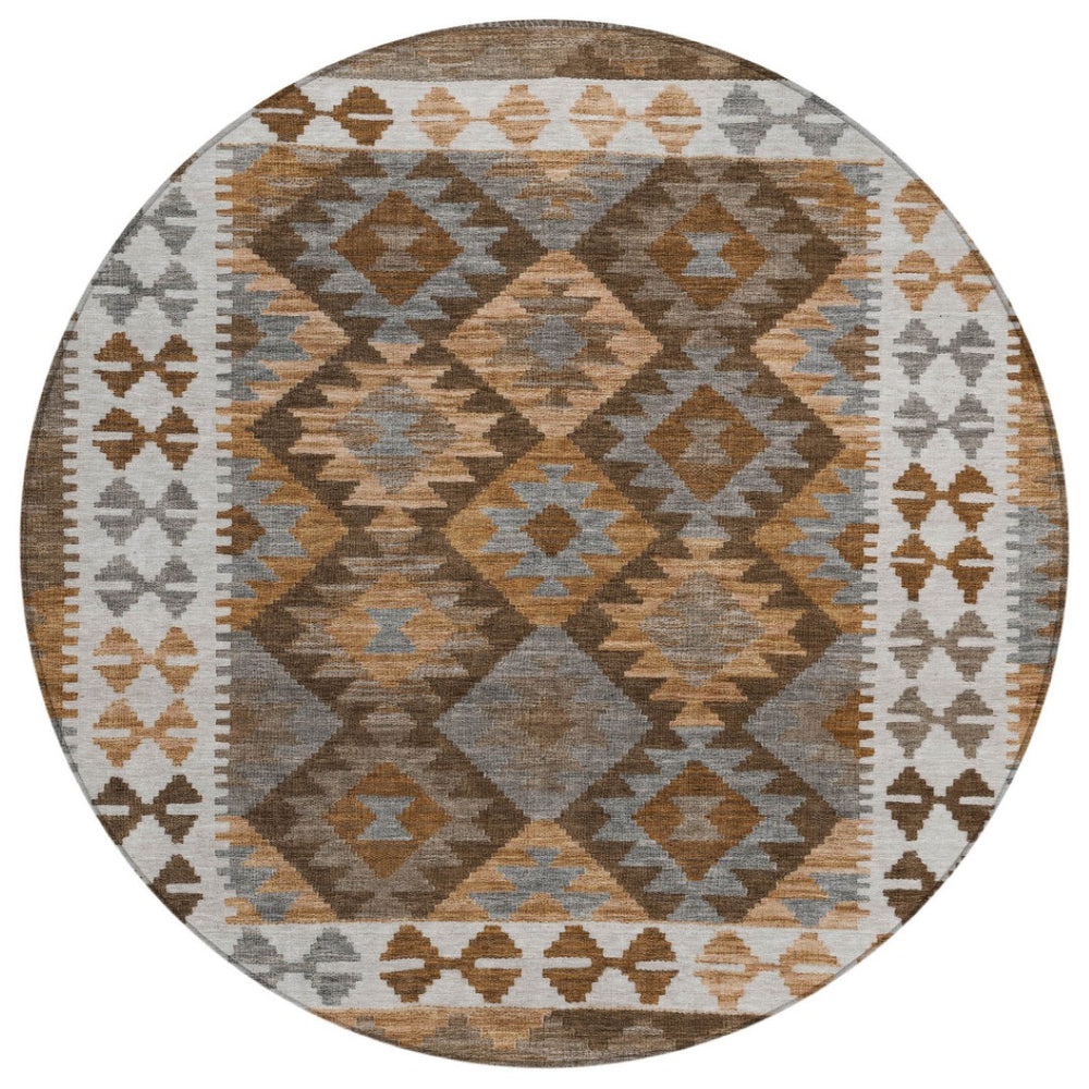 HomeRoots 8' Round Tribal Area Rug in Copper, Ivory & Gray – Stylish, Washable, Durable for Indoor/Outdoor Use 625728