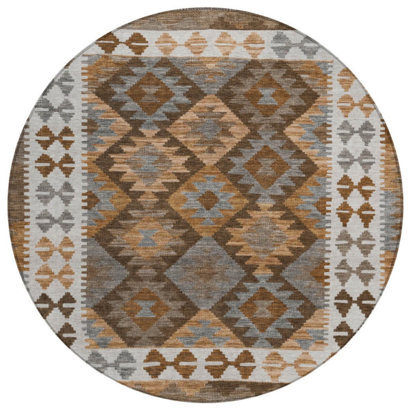 HomeRoots 8' Round Tribal Area Rug in Copper, Ivory & Gray – Stylish, Washable, Durable for Indoor/Outdoor Use 625728