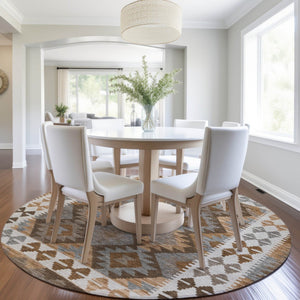 HomeRoots 8' Round Tribal Area Rug in Copper, Ivory & Gray – Stylish, Washable, Durable for Indoor/Outdoor Use 625728