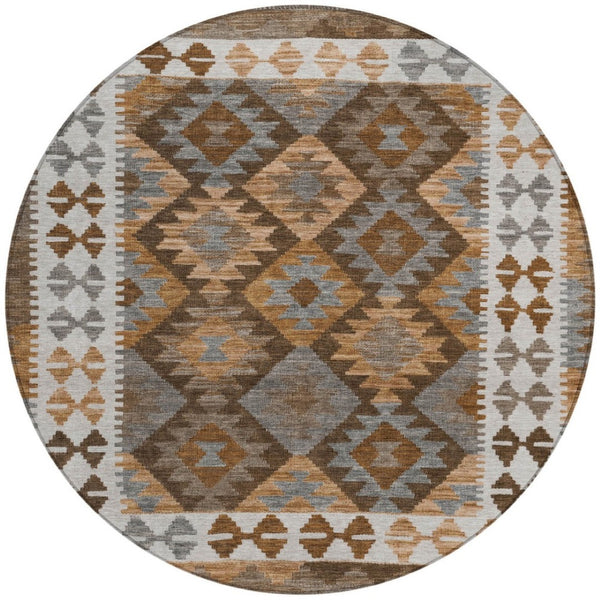 HomeRoots 8' Round Tribal Area Rug in Copper, Ivory & Gray – Stylish, Washable, Durable for Indoor/Outdoor Use 625728