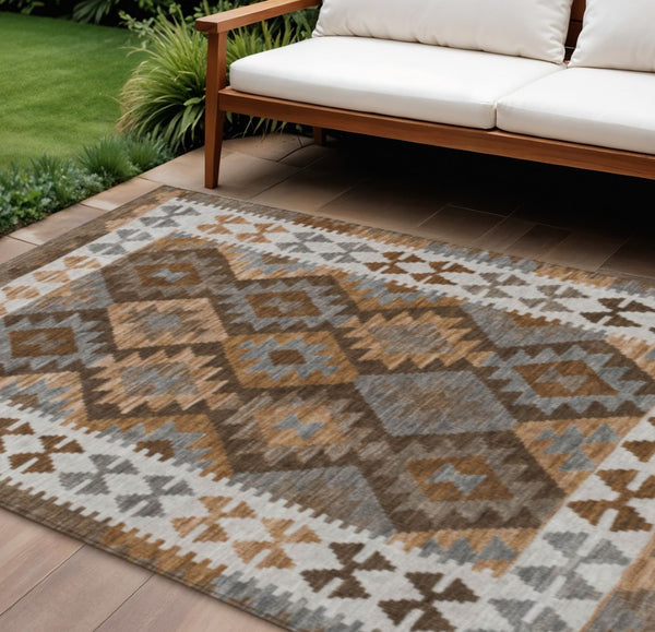 HomeRoots 9' X 12' Copper Ivory and Gray Tribal Area Rug - Durable Indoor/Outdoor Style, Washable & Easy Care 625730