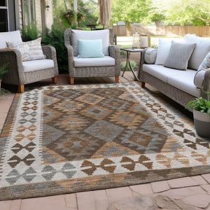 HomeRoots 9' X 12' Copper Ivory and Gray Tribal Area Rug - Durable Indoor/Outdoor Style, Washable & Easy Care 625730
