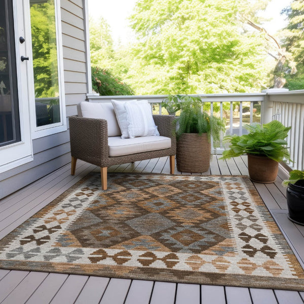 HomeRoots 9' X 12' Copper Ivory and Gray Tribal Area Rug - Durable Indoor/Outdoor Style, Washable & Easy Care 625730
