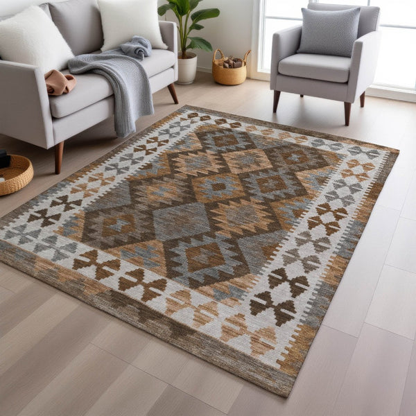 HomeRoots 10' Copper Ivory Gray Tribal Washable Area Rug - Stylish Indoor Outdoor Solution for High-Traffic Spaces 625731