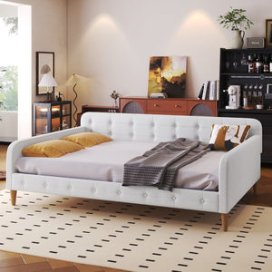 English Elm Full Size Linen Tufted Daybed with Pine Frame for Living or Guest Room Beige DL001825AAK-1