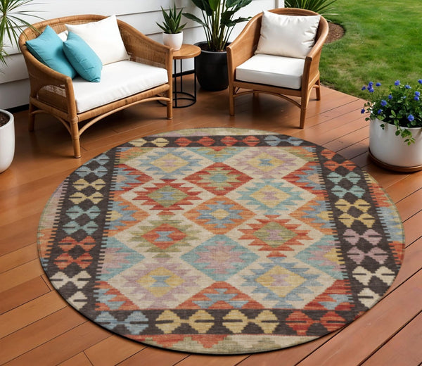 HomeRoots 8' Vibrant Rust, Gold & Orange Round Tribal Area Rug - Washable, Durable for Indoor & Outdoor Use 625752