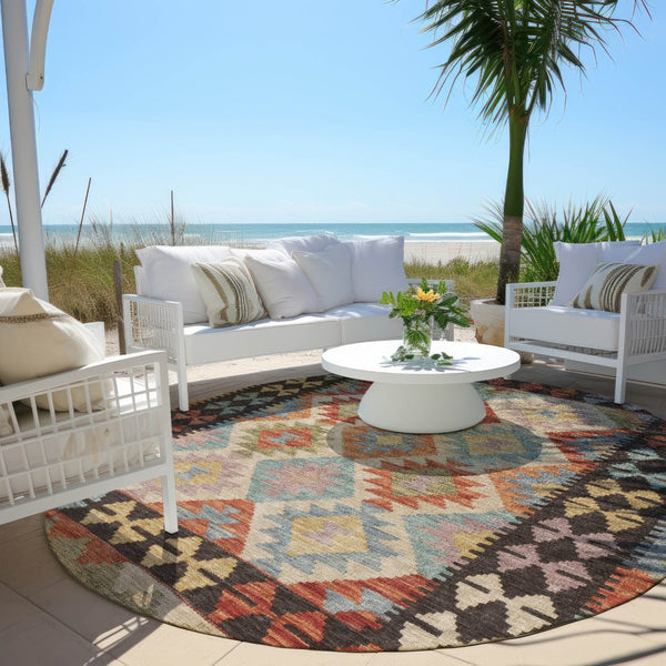 HomeRoots 8' Vibrant Rust, Gold & Orange Round Tribal Area Rug - Washable, Durable for Indoor & Outdoor Use 625752