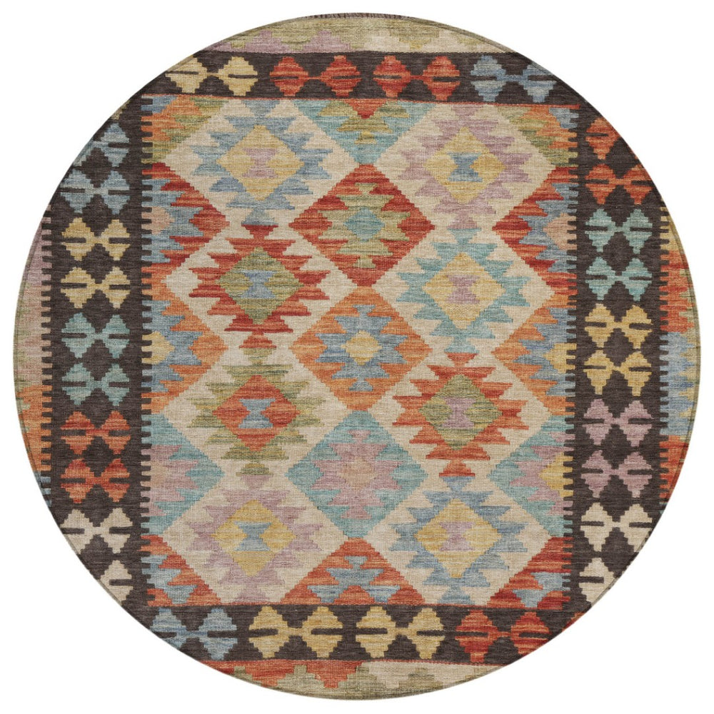HomeRoots 8' Vibrant Rust, Gold & Orange Round Tribal Area Rug - Washable, Durable for Indoor & Outdoor Use 625752