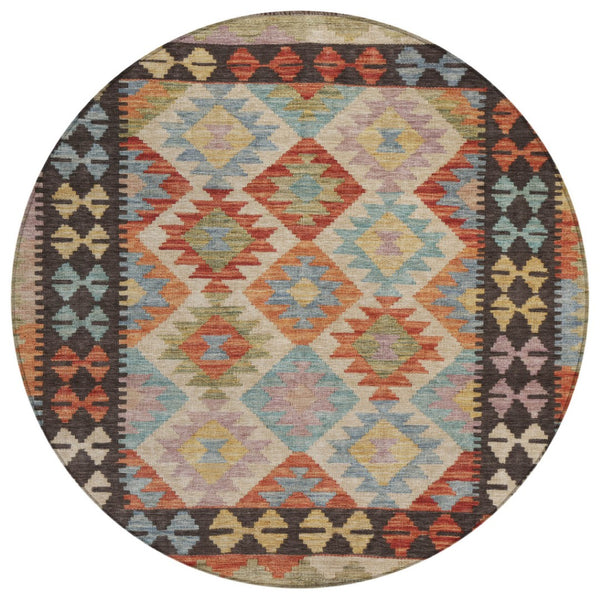HomeRoots 8' Vibrant Rust, Gold & Orange Round Tribal Area Rug - Washable, Durable for Indoor & Outdoor Use 625752