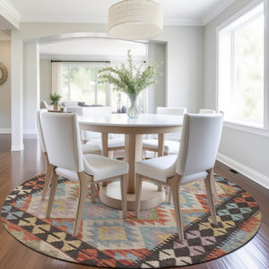 HomeRoots 8' Vibrant Rust, Gold & Orange Round Tribal Area Rug - Washable, Durable for Indoor & Outdoor Use 625752