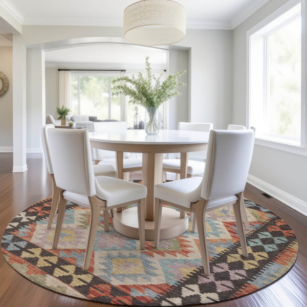 HomeRoots 8' Vibrant Rust, Gold & Orange Round Tribal Area Rug - Washable, Durable for Indoor & Outdoor Use 625752