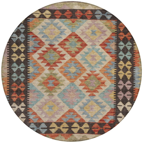 HomeRoots 8' Vibrant Rust, Gold & Orange Round Tribal Area Rug - Washable, Durable for Indoor & Outdoor Use 625752