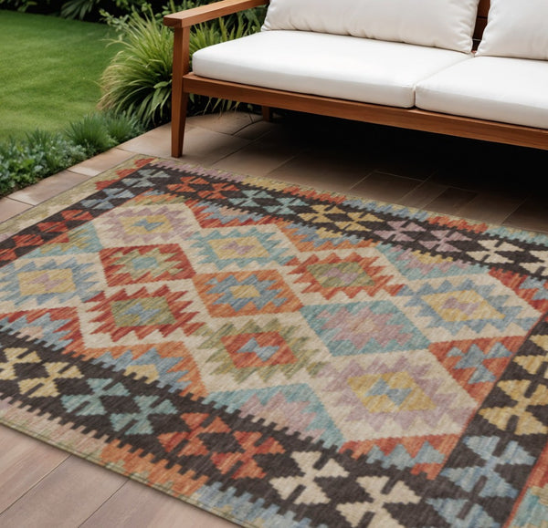 HomeRoots 9' X 12' Vibrant Rust Gold Orange Tribal Area Rug - Washable, Durable, Indoor/Outdoor Versatile Style 625754