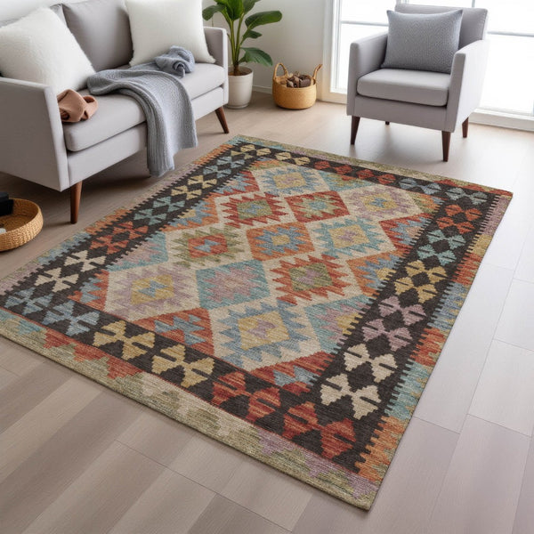 HomeRoots 9' X 12' Vibrant Rust Gold Orange Tribal Area Rug - Washable, Durable, Indoor/Outdoor Versatile Style 625754
