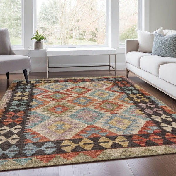 HomeRoots 9' X 12' Vibrant Rust Gold Orange Tribal Area Rug - Washable, Durable, Indoor/Outdoor Versatile Style 625754