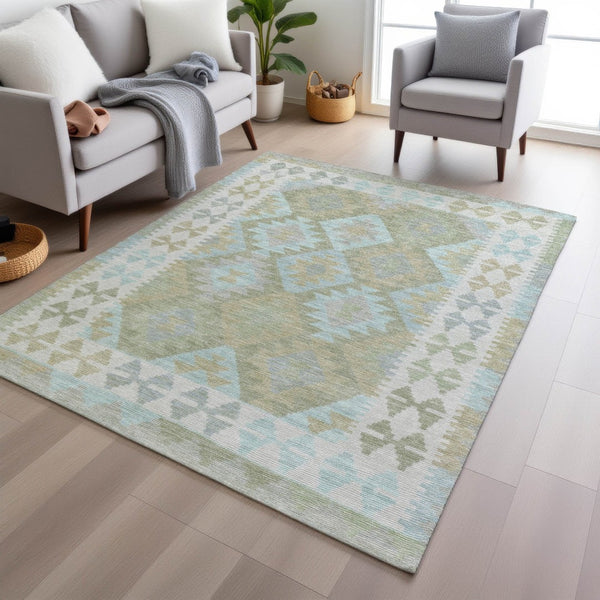 HomeRoots 5' Stylish Sage Sky Blue & Copper Tribal Washable Area Rug for Indoor & Outdoor Durability & Charm 625757