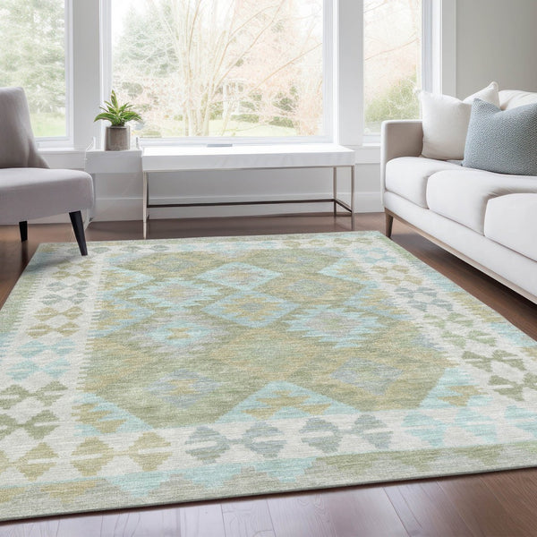 HomeRoots 5' Stylish Sage Sky Blue & Copper Tribal Washable Area Rug for Indoor & Outdoor Durability & Charm 625757
