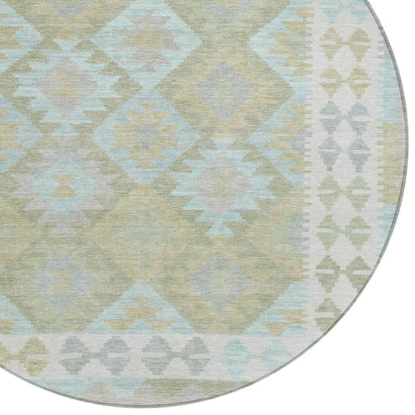 HomeRoots 8' Round Tribal Area Rug in Sage, Sky Blue & Copper - Washable, Durable for Indoor & Outdoor Use 625758