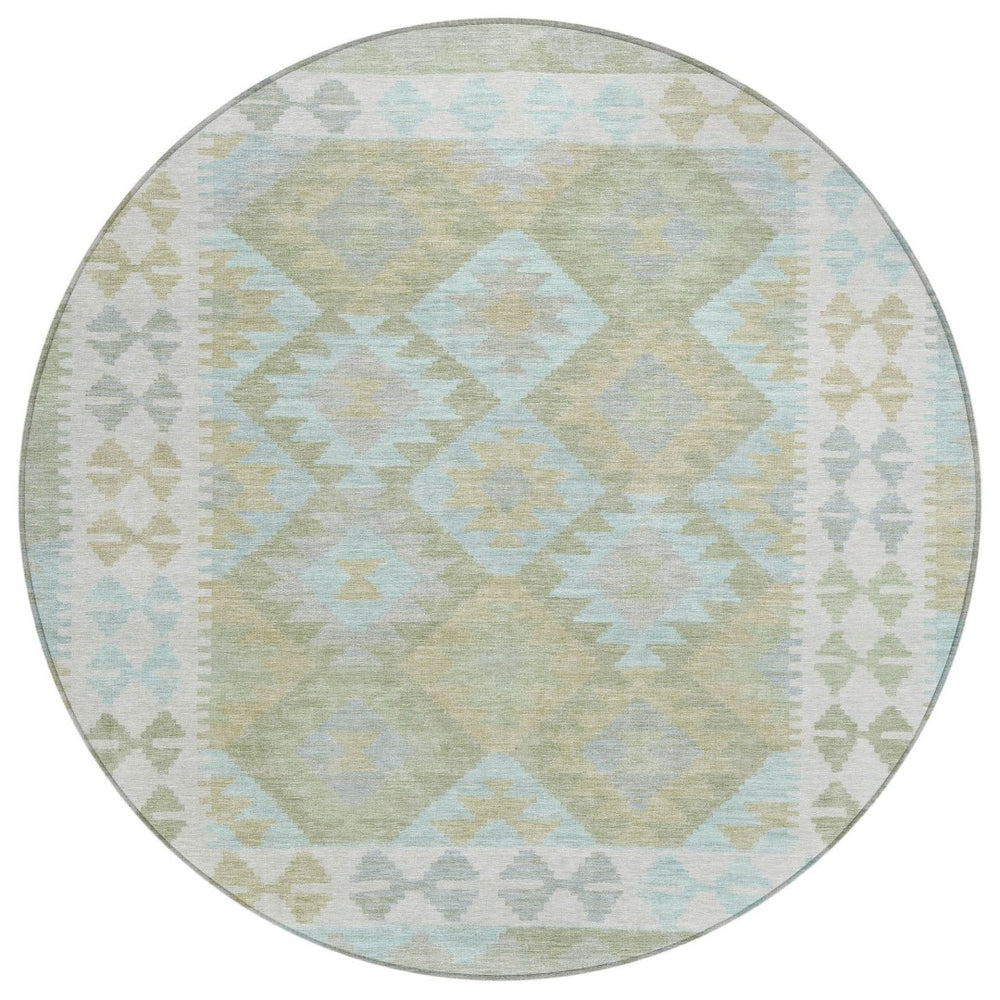 HomeRoots 8' Round Tribal Area Rug in Sage, Sky Blue & Copper - Washable, Durable for Indoor & Outdoor Use 625758