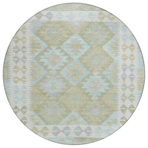 HomeRoots 8' Round Tribal Area Rug in Sage, Sky Blue & Copper - Washable, Durable for Indoor & Outdoor Use 625758
